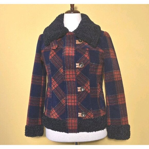 Sundance Womens Coat XS Red Blue Plaid Wool Blend Jacket Faux Fur Greta Lined XS - Picture 2 of 10